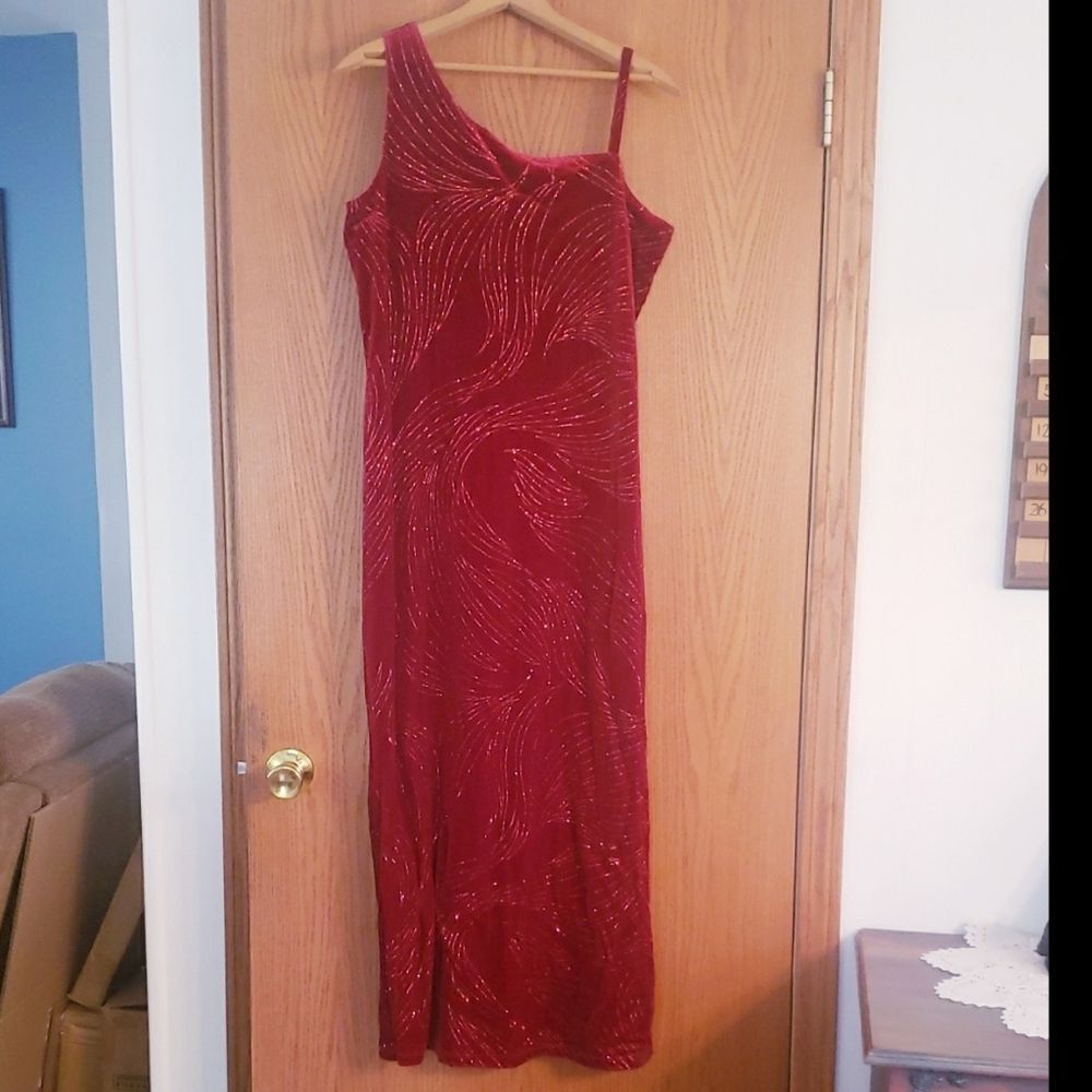 Gorgeous AGB Red Velvet Gown - Glittery Swirls Asymmetrical Straps Sz 12